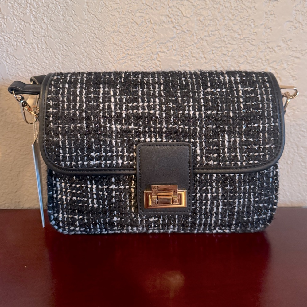 NWT Jen & Co Black and White Tweed Crossbody Bag